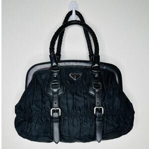 Prada Vintage 90s Black Nylon & Leather Buckle Braided Handle Purse